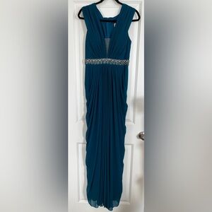 Abby Paris Chiffon V-Neck Dress with Waist Jewelry and Pleats